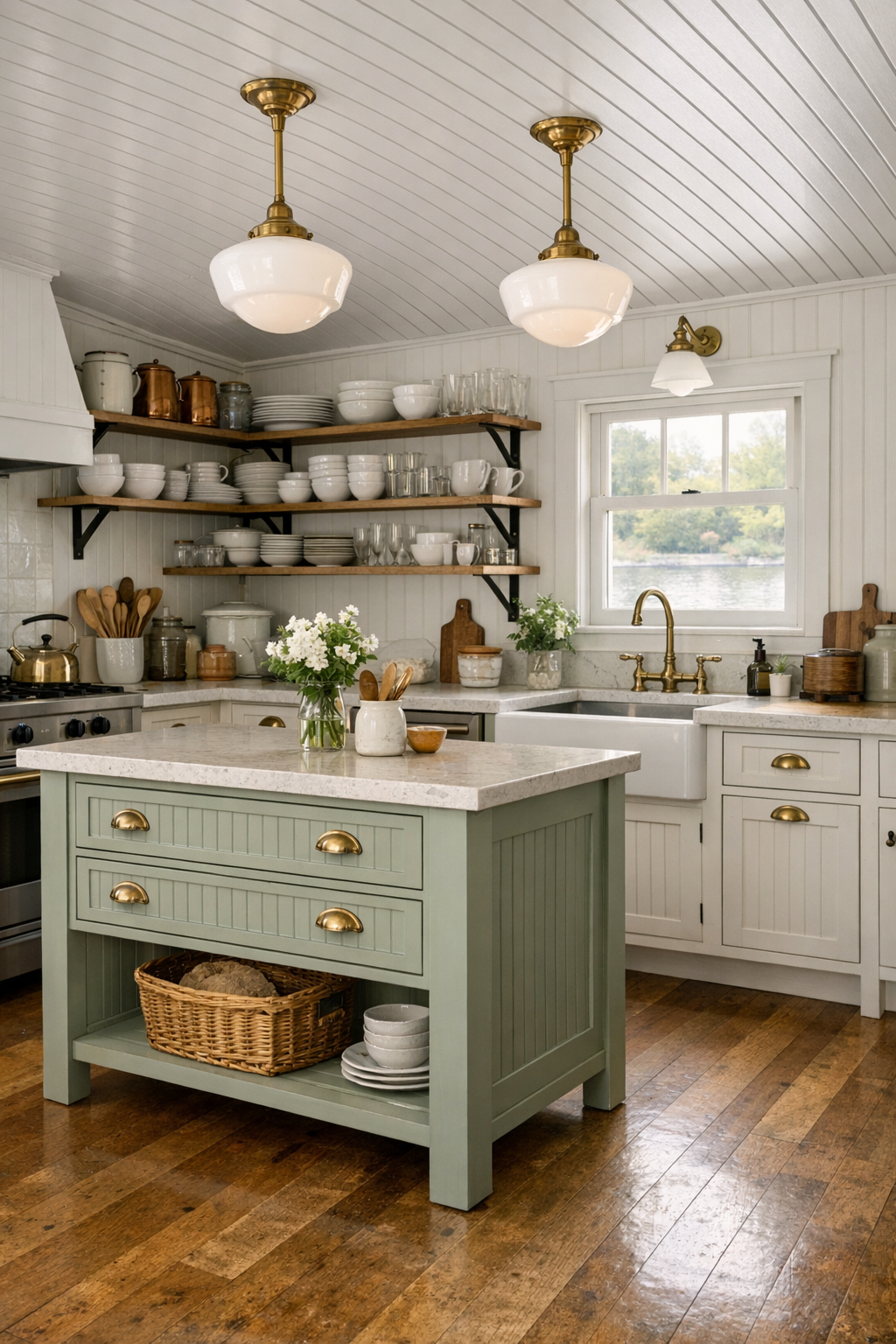 Accessible Victorian houseboat kitchen with beadboard cabinets, sage island, open shelving, and bright windows