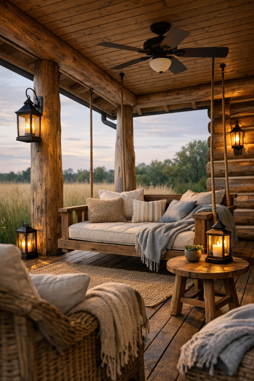Charming porch seating area with a daybed swing, timber posts, and layered textiles