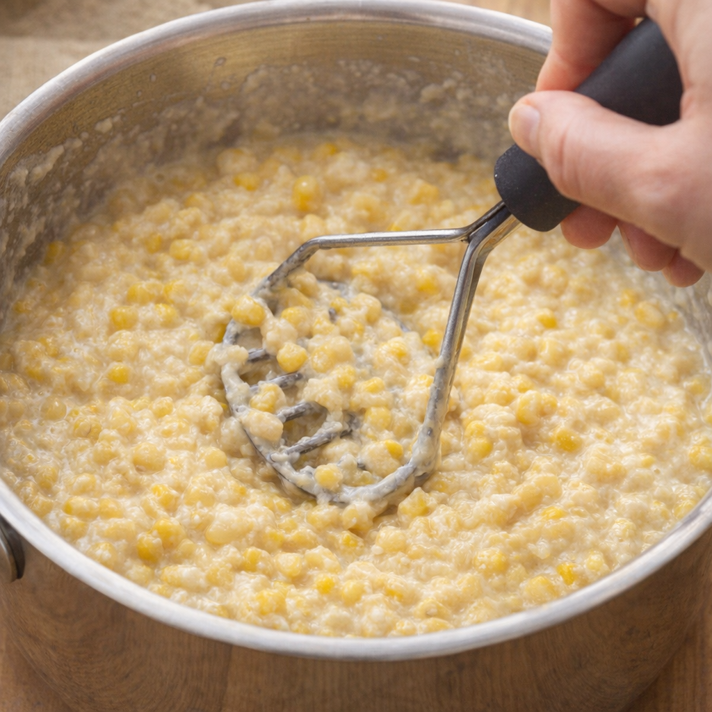 Creamed corn with a smoother texture being mashed lightly in the pot