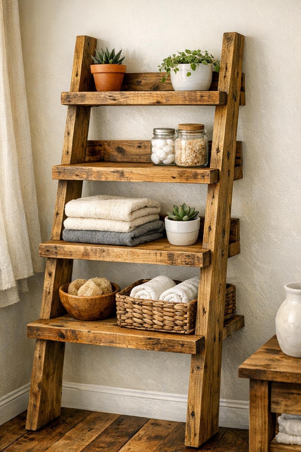 Finished rustic four-shelf ladder shelf made from old pallet boards