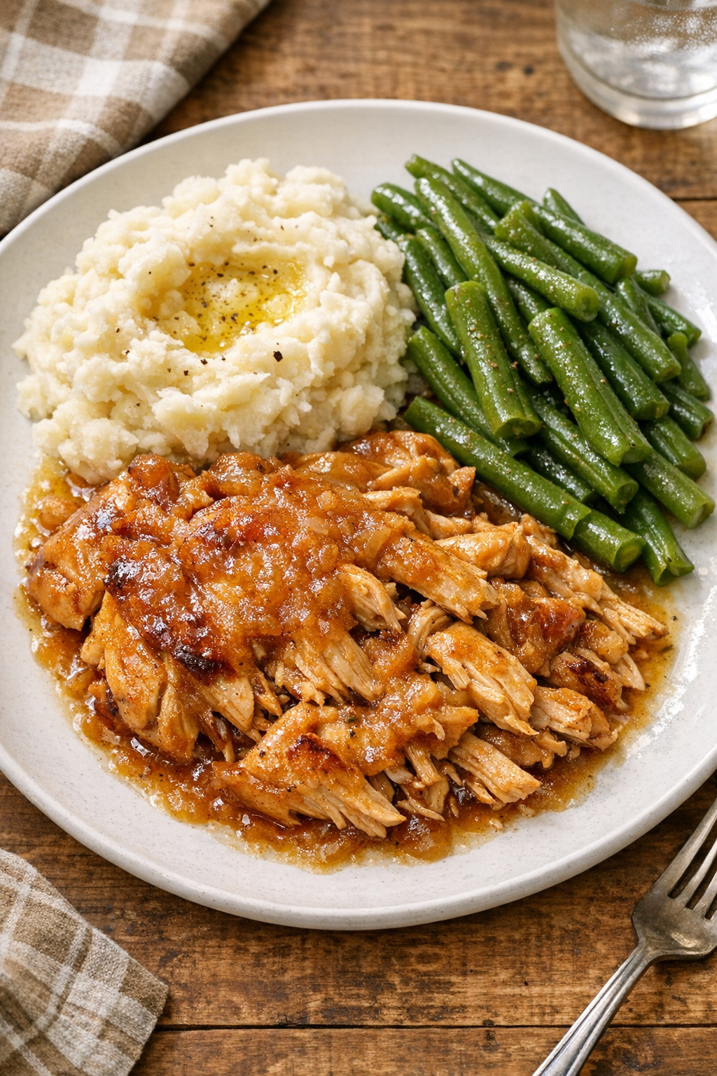 Plated slow cooker applesauce chicken served with comforting sides
