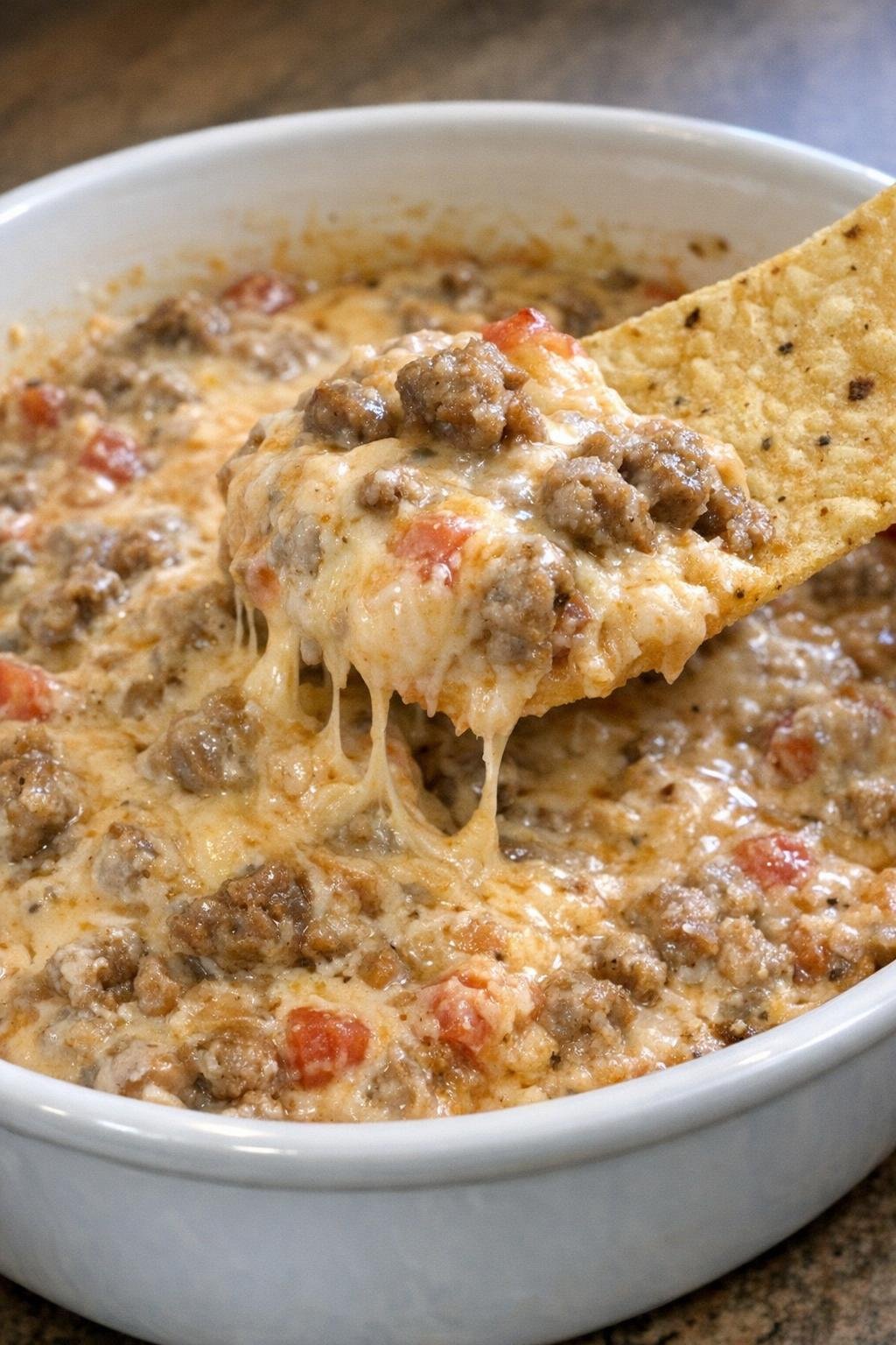 Close-up of sausage dip in a white casserole dish