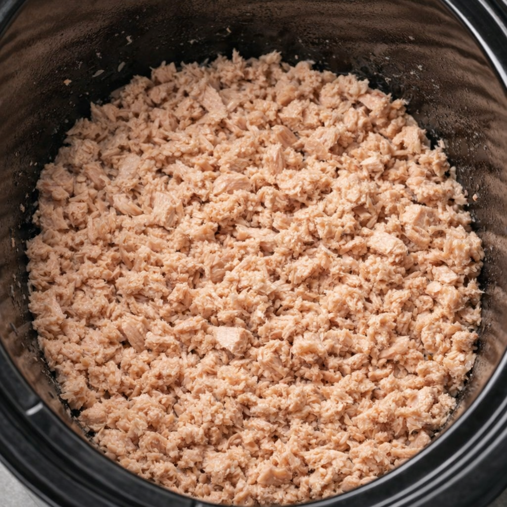 Drained tuna spread across the bottom of a slow cooker