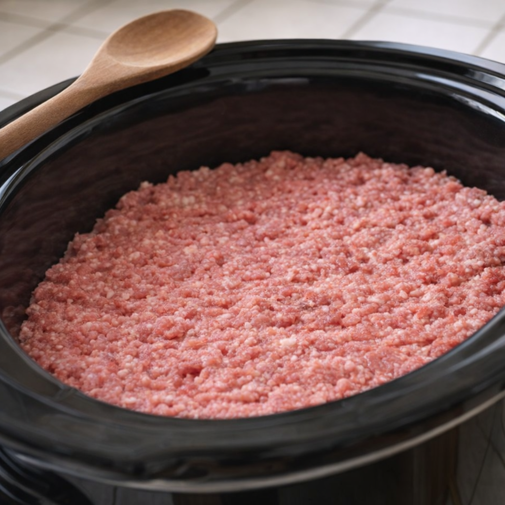 Ground beef spread evenly in a slow cooker insert