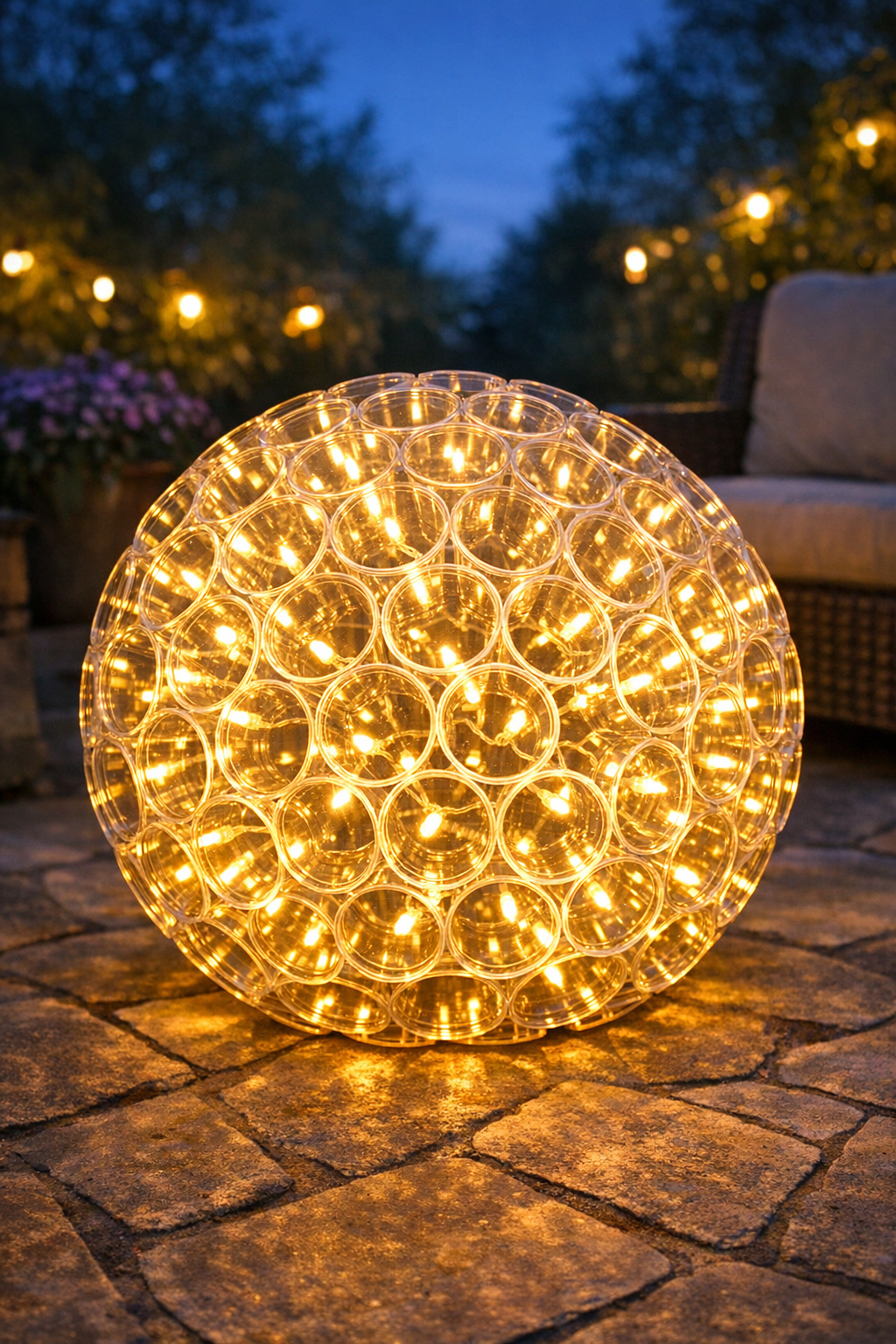 Finished giant glowing backyard sphere made from clear cups and warm white LED lights