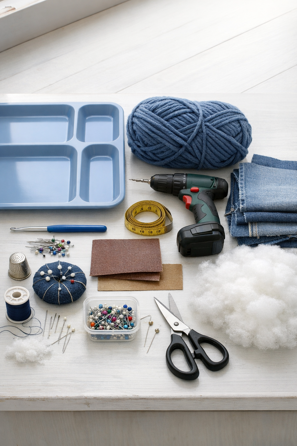 Materials for a crocheted tray lap desk laid out on a table