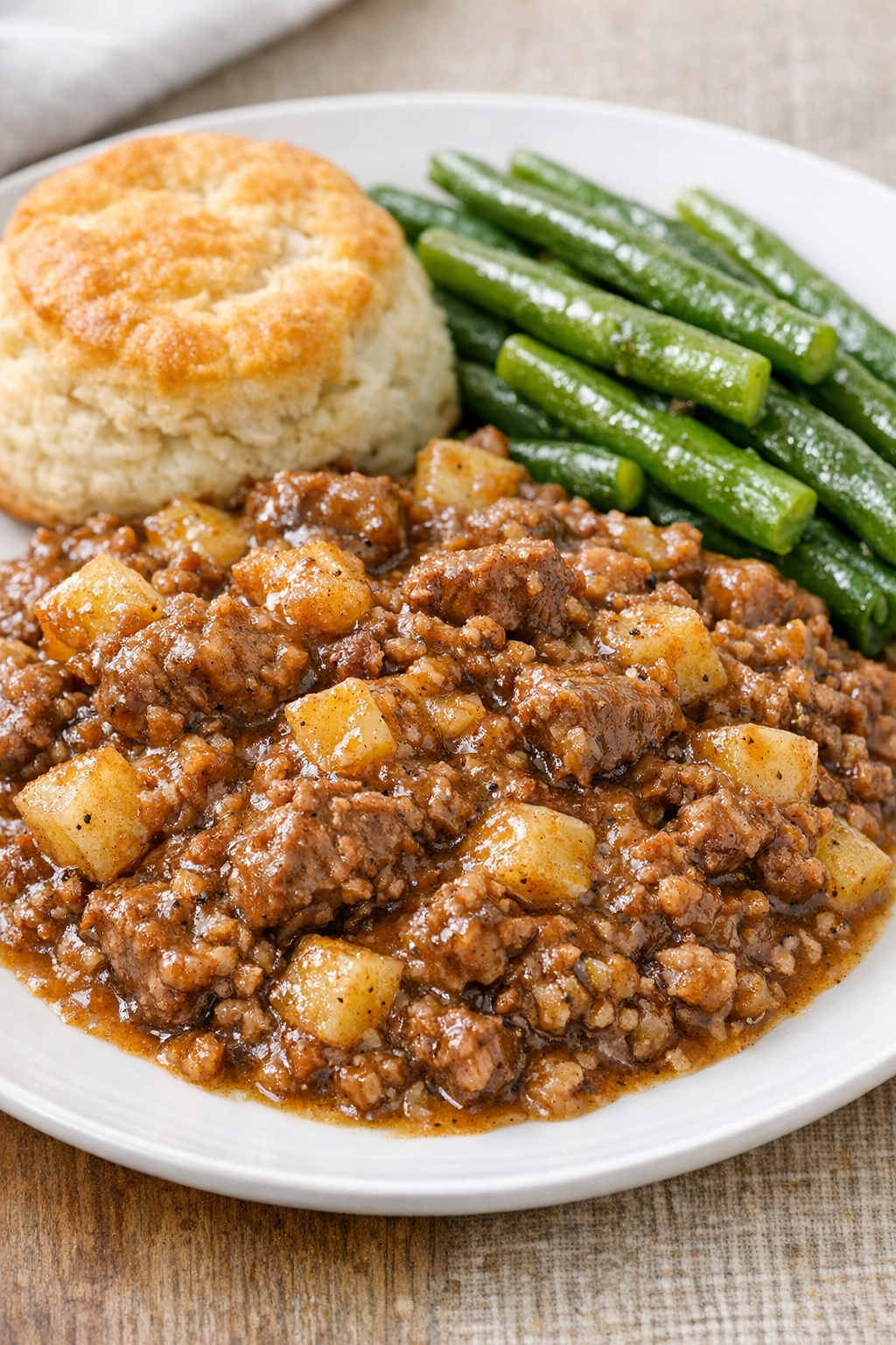 Final plated slow cooker beef with green beans and biscuit
