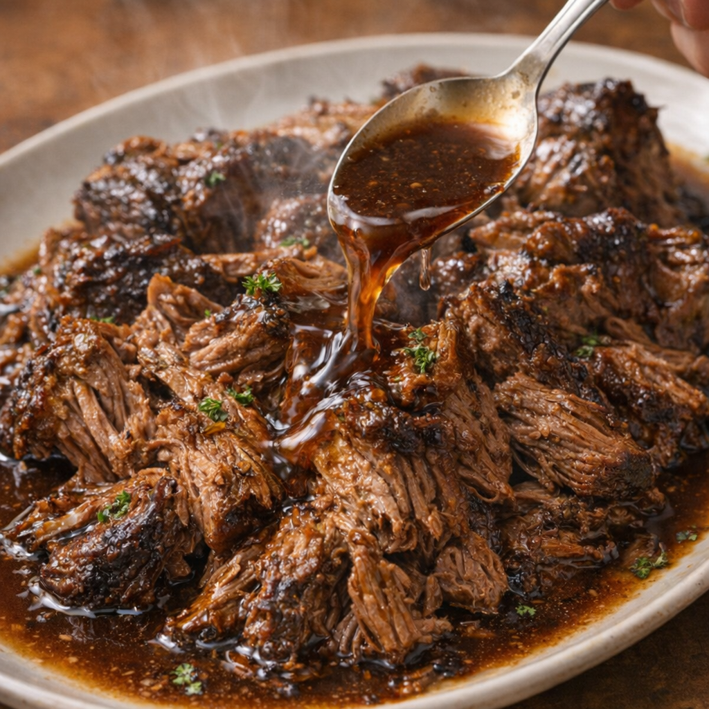 Pulled beef roast on a platter with glossy dark gravy
