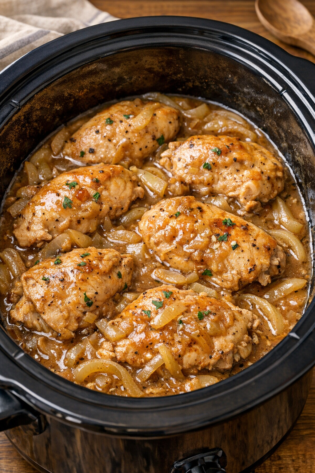 Cooked chicken and onions in slow cooker