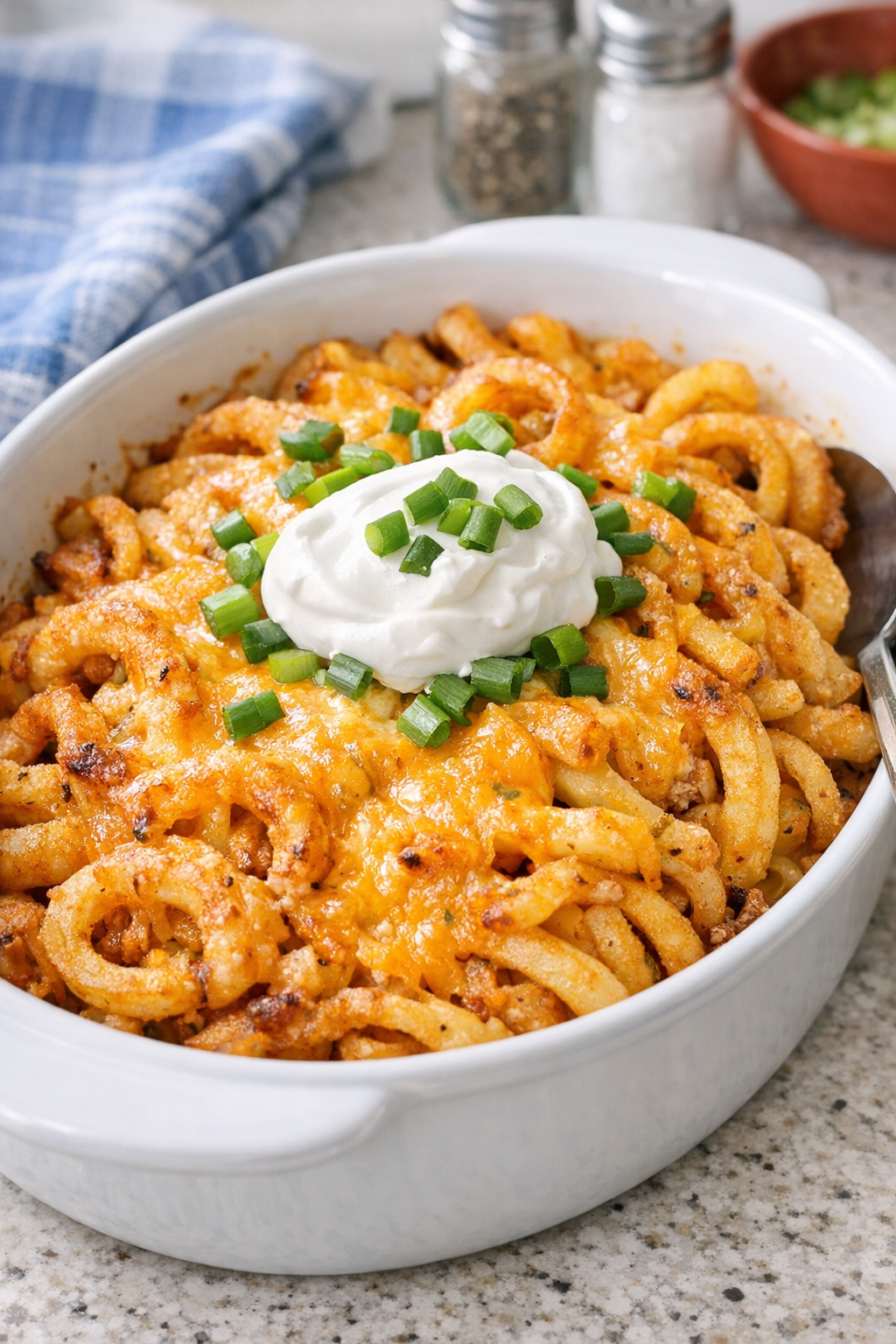 Finished cheesy slow cooker curly fry potatoes