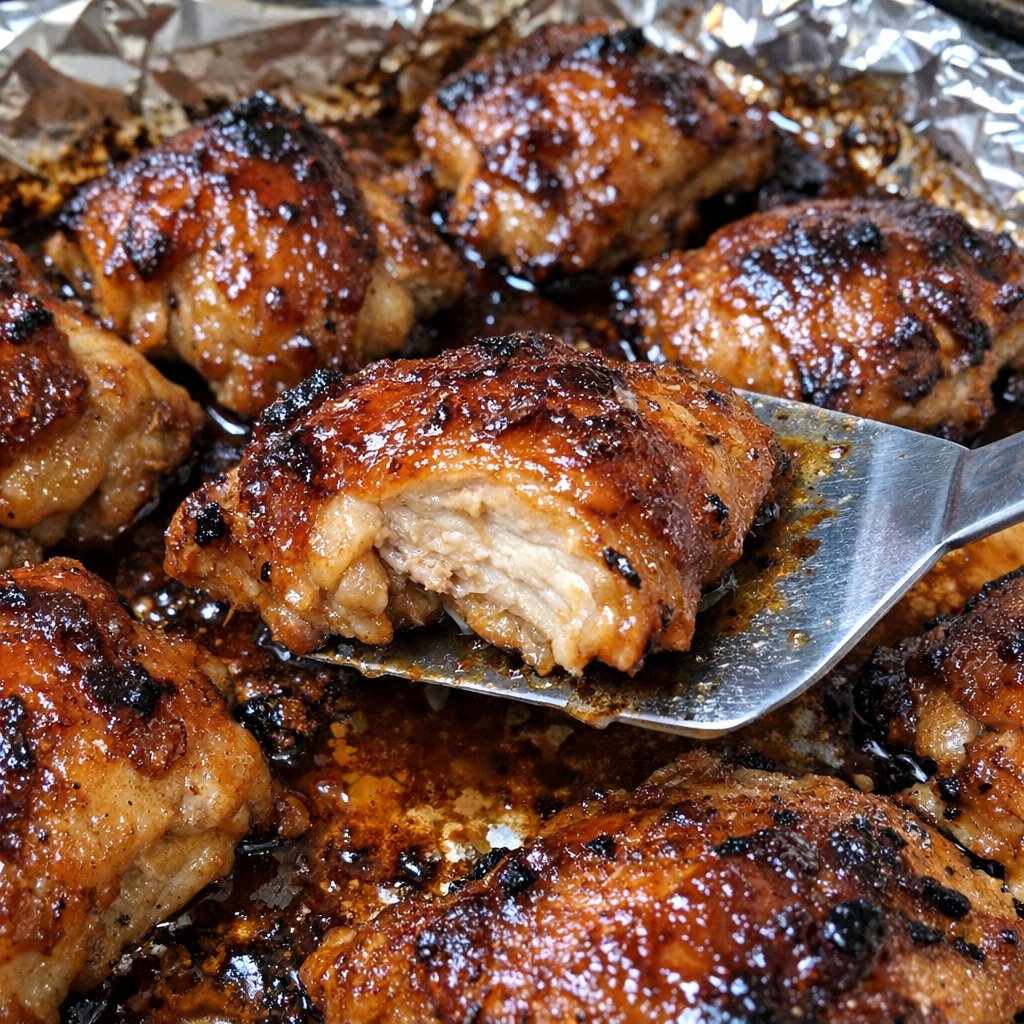 Succulent glazed chicken pieces on a foil-lined baking sheet