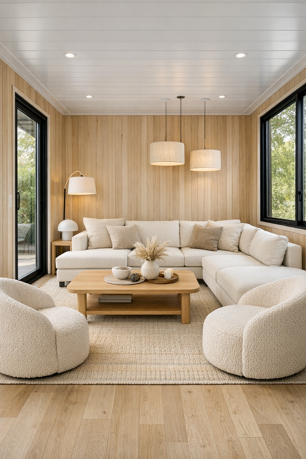 Accessible modern living room with ivory seating and oak finishes