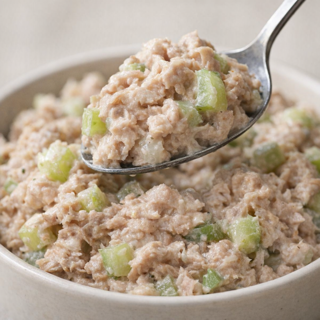 Close view of tuna salad showing texture and color for inspection
