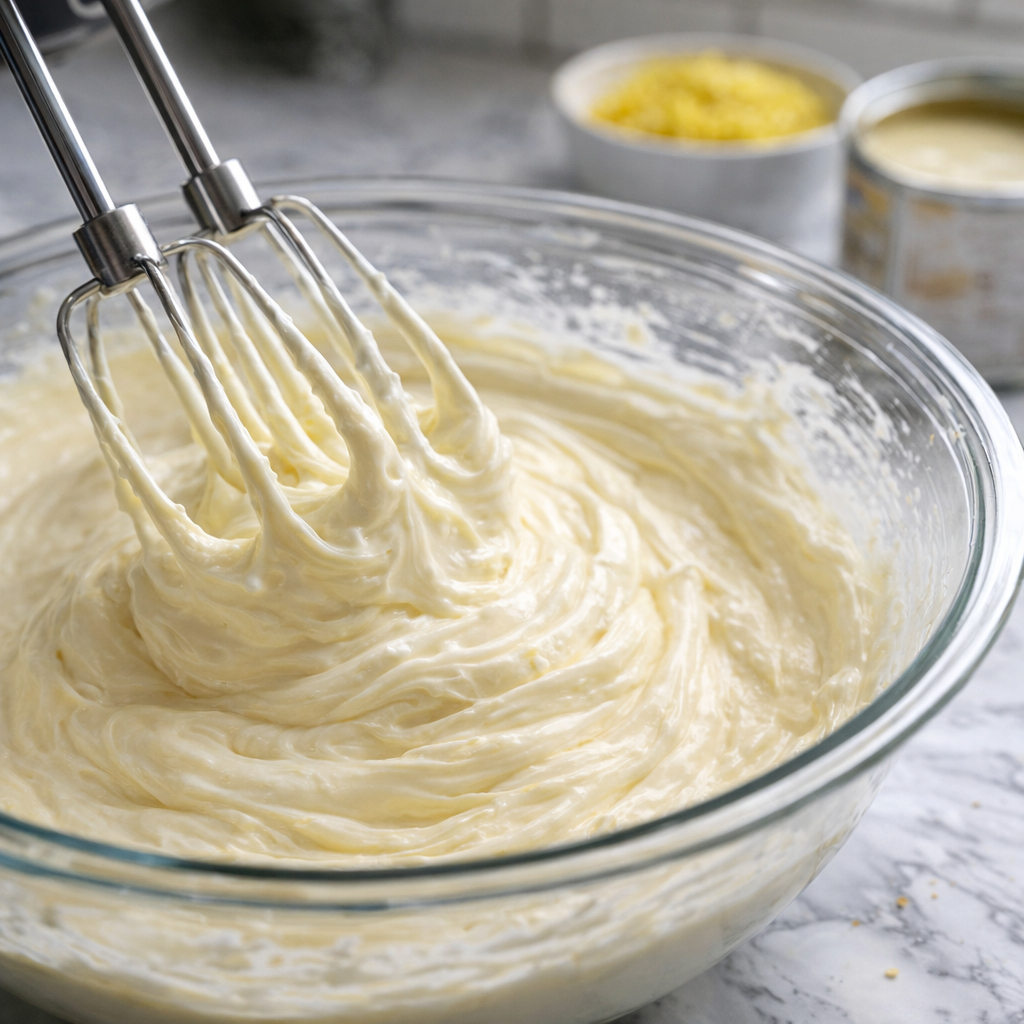 Lemon pie filling being mixed in a bowl