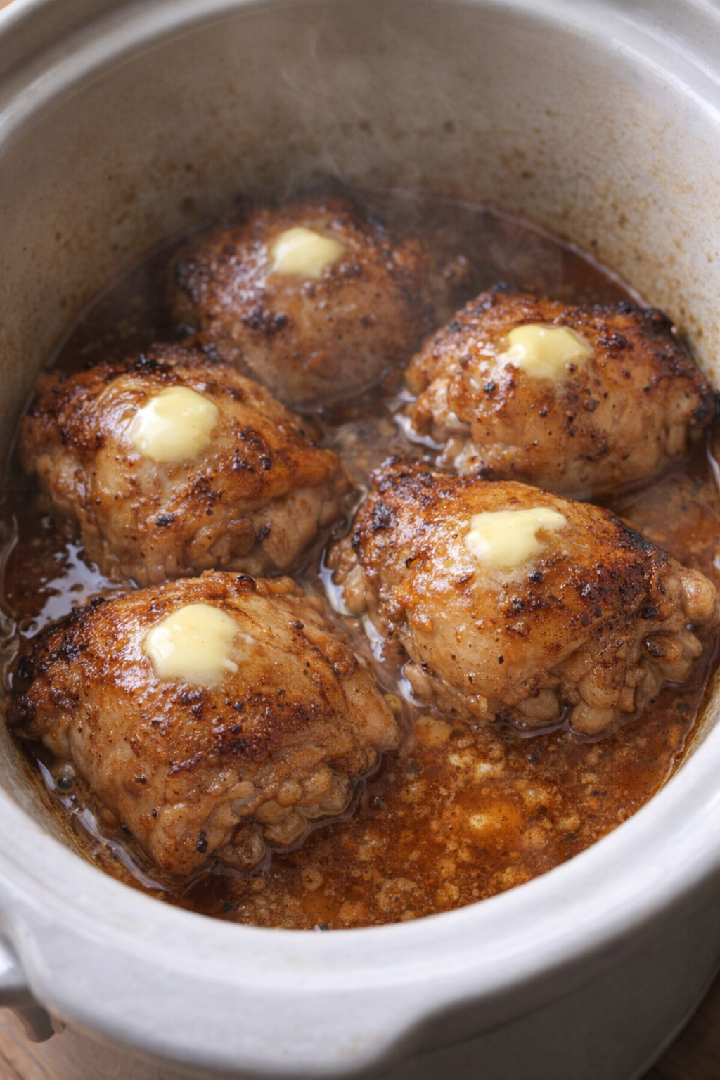 Slow cooker chicken thighs bathed in golden buttery juices