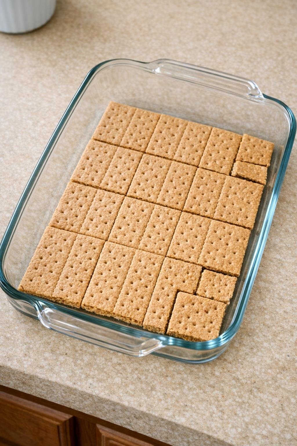 Graham crackers layered in a glass baking dish