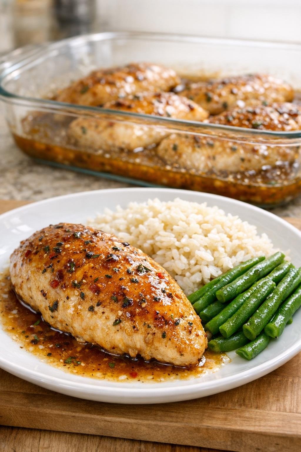 Finished baked brown sugar Italian chicken plated for dinner