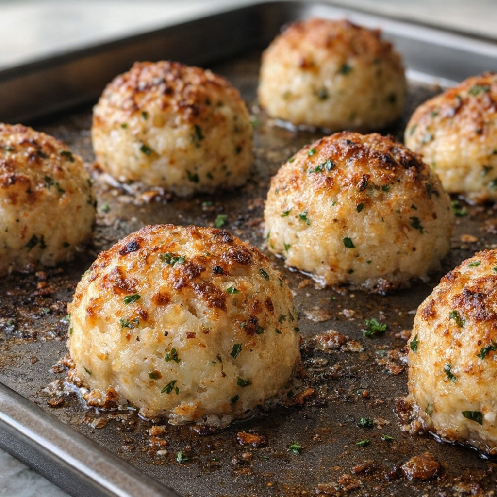 Golden baked potato balls cooling after baking