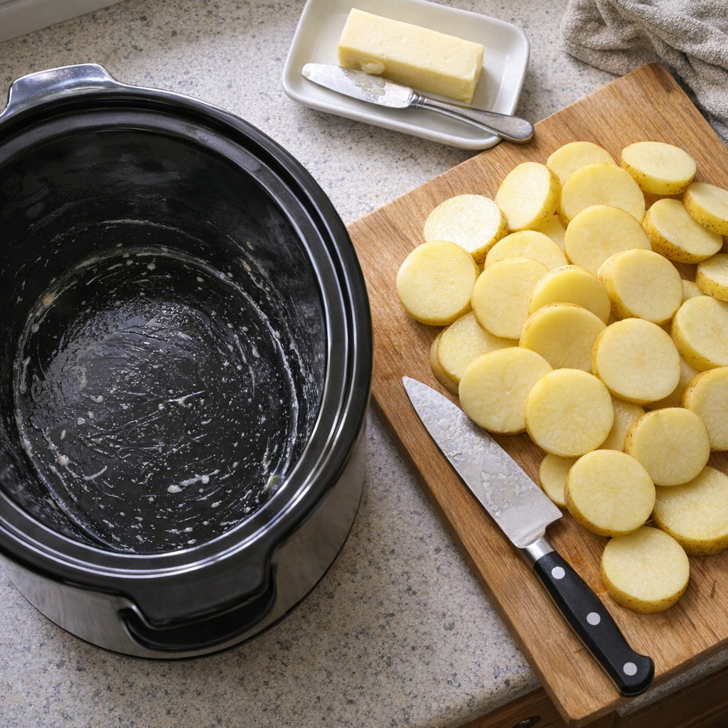 Greased slow cooker with sliced Yukon Gold potatoes ready to layer