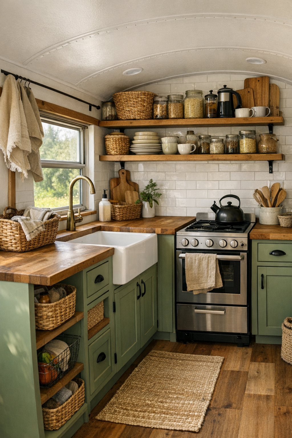 Compact galley kitchen in a converted bus with sage cabinetry, butcher-block counters, and a farmhouse sink