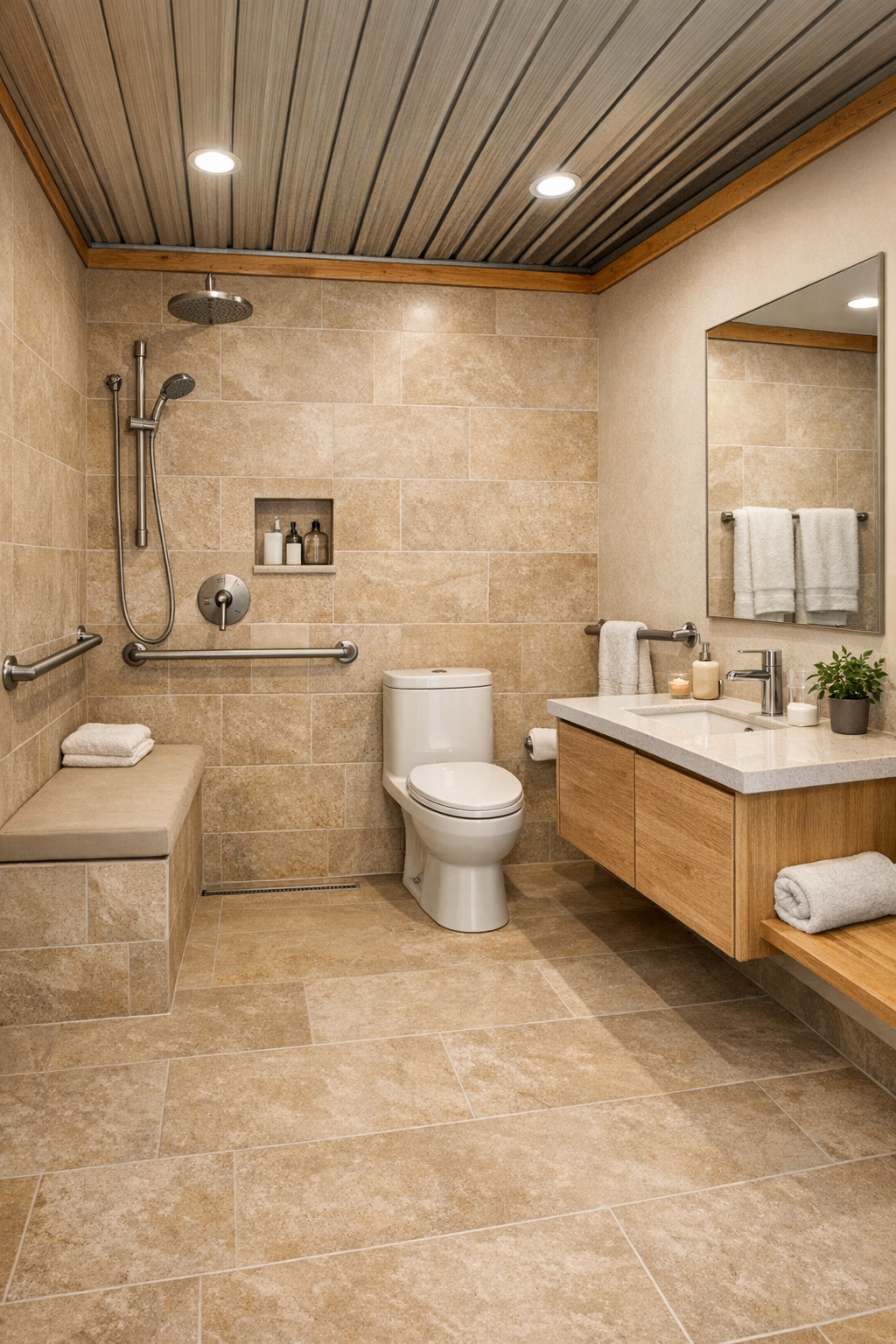 Elegant accessible bathroom with curbless shower, warm stone-look tile, and a floating vanity