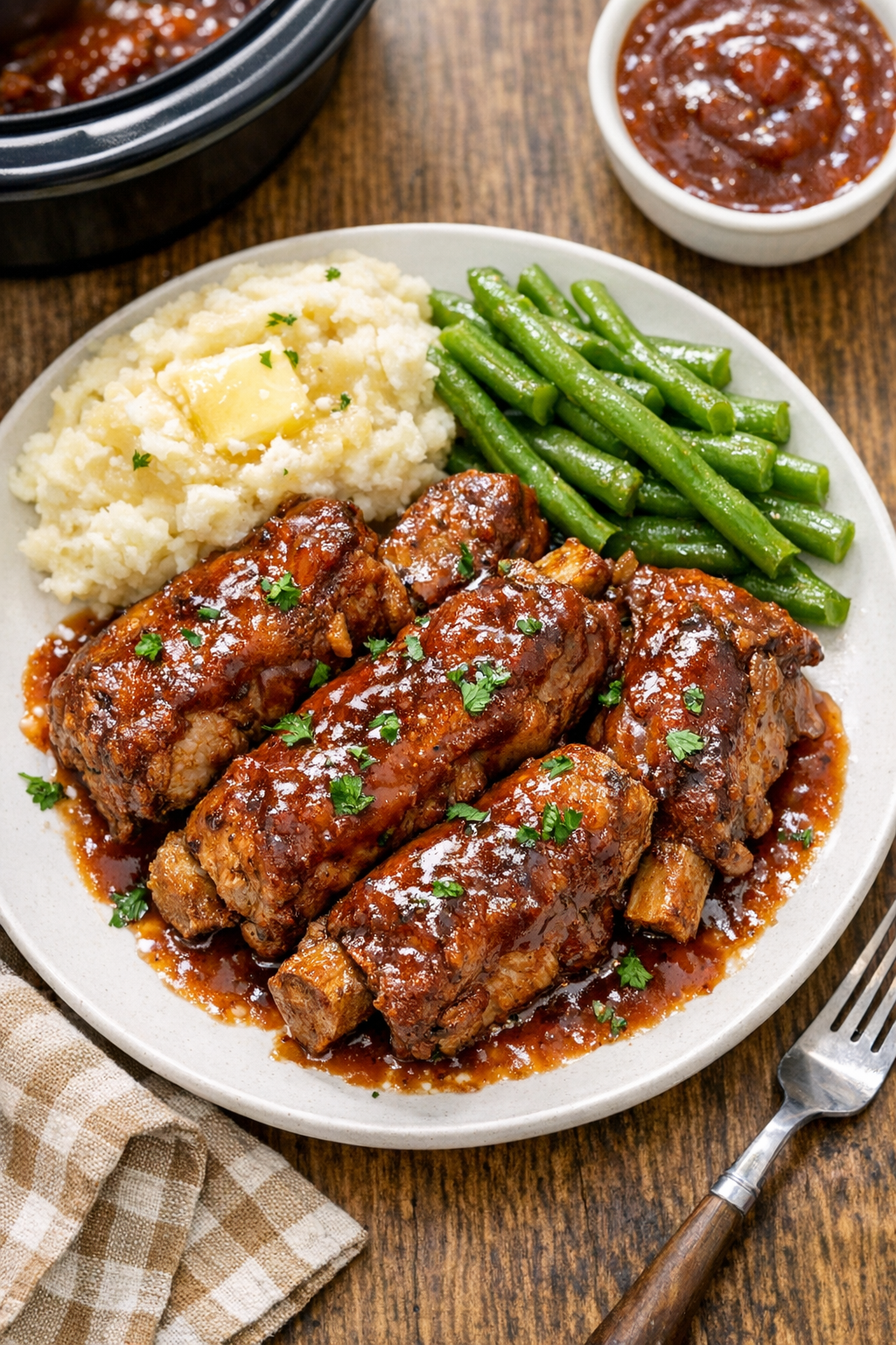 Finished plated country-style pork ribs with sauce