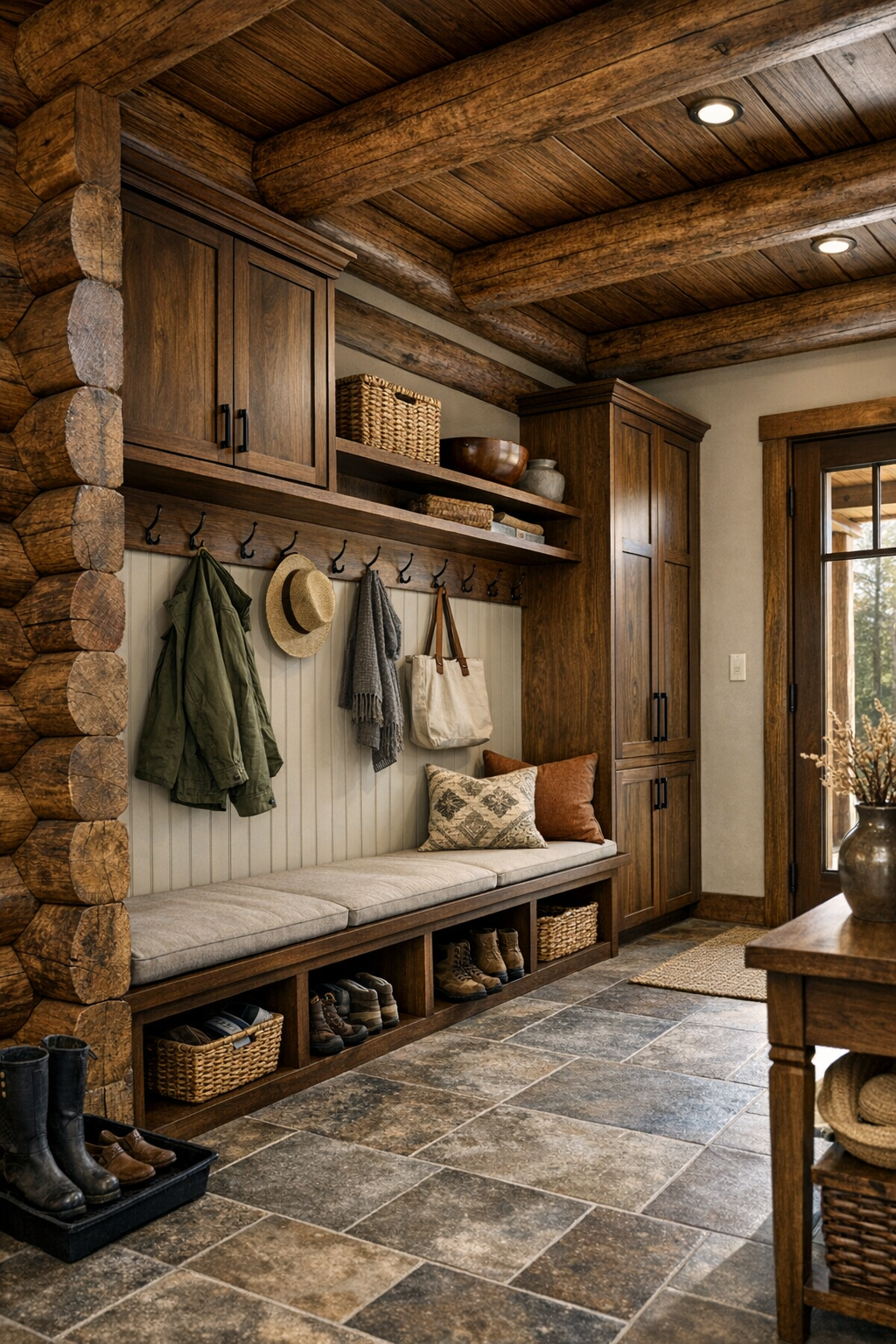 Thoughtful entry and utility area with built-ins in a refined log home