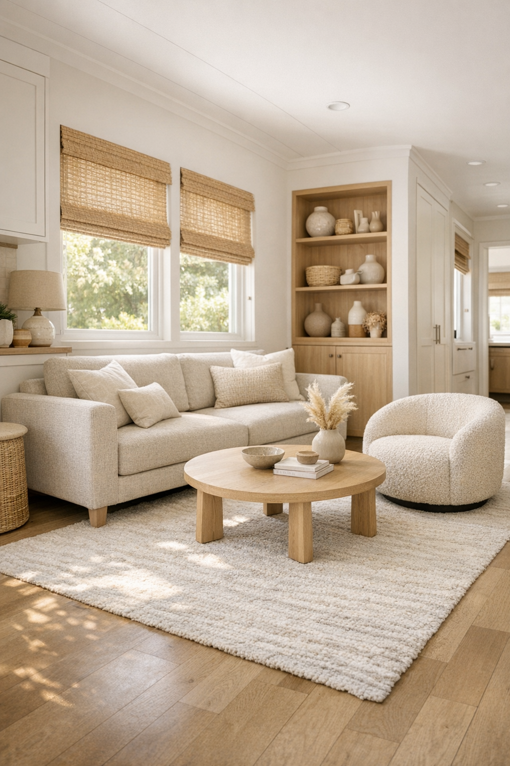 Soft oat tiny home living room with accessible layout and warm wood accents