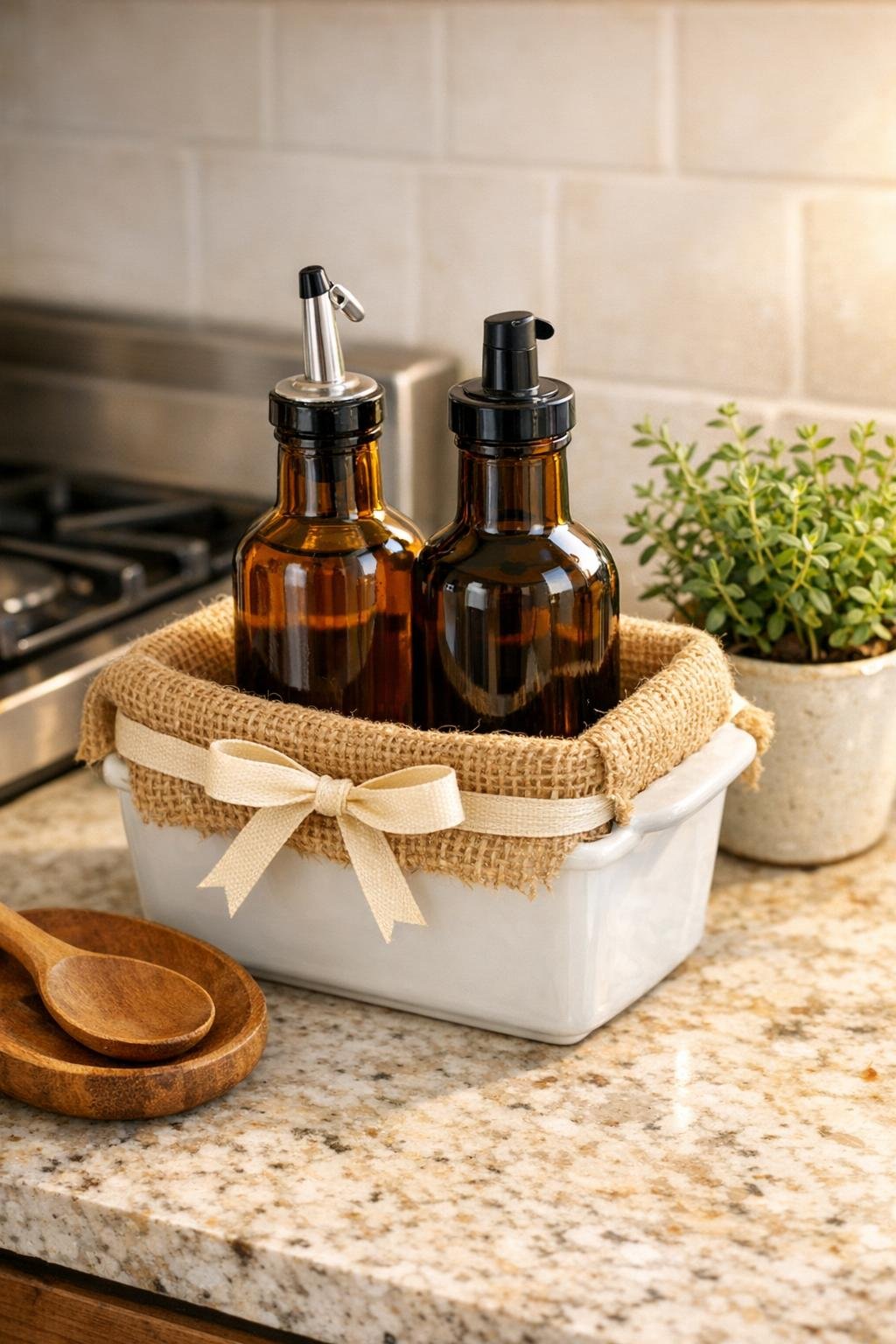 Finished olive oil caddy made from amber glass bottles in a burlap-lined white ceramic loaf pan