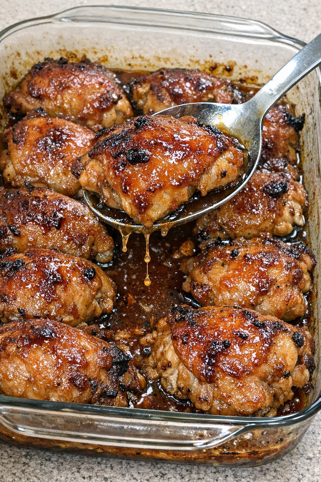 Bronzed glazed chicken in a rectangular baking dish