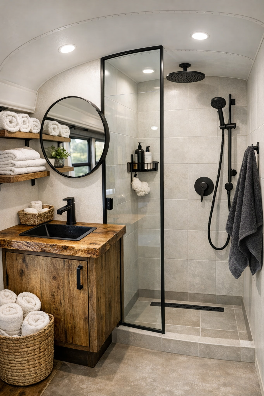 Compact bathroom in a converted bus with oak vanity, glass shower partition, and modern matte fixtures