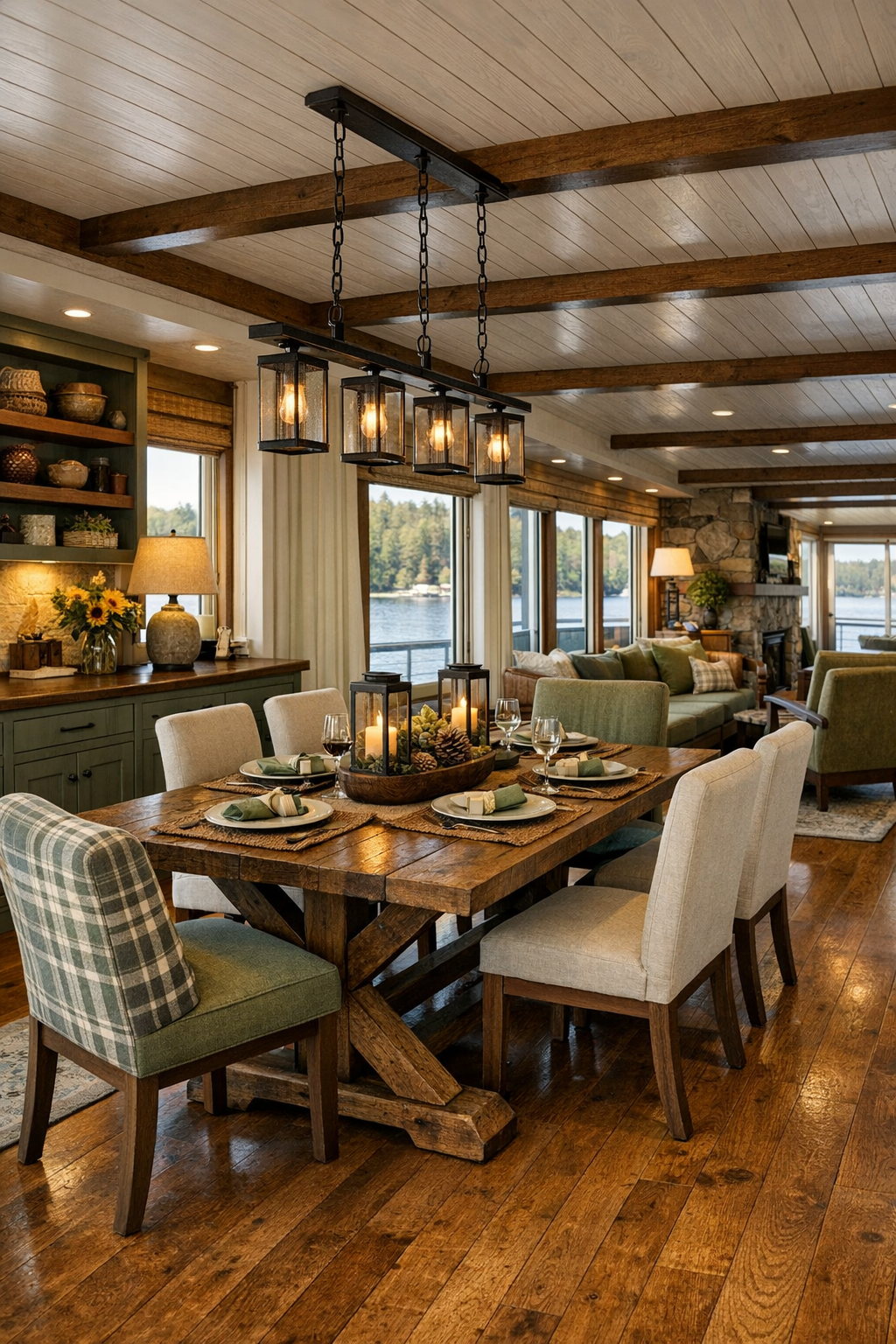 Adirondack lodge dining room with reclaimed wood table, upholstered chairs, and open circulation