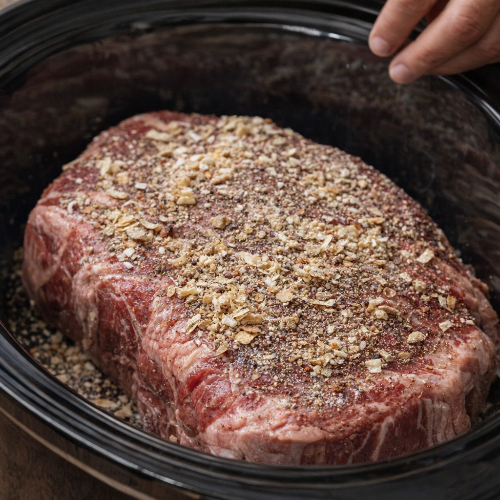 Chuck roast seasoned in the slow cooker before cooking