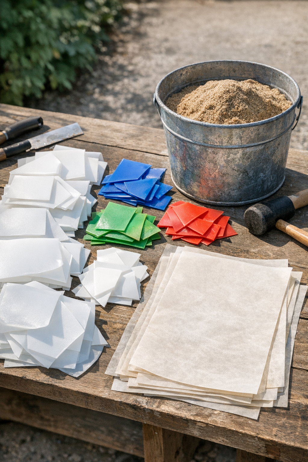 Cut plastic laundry jugs, sand, and baking parchment laid out for making patio bricks
