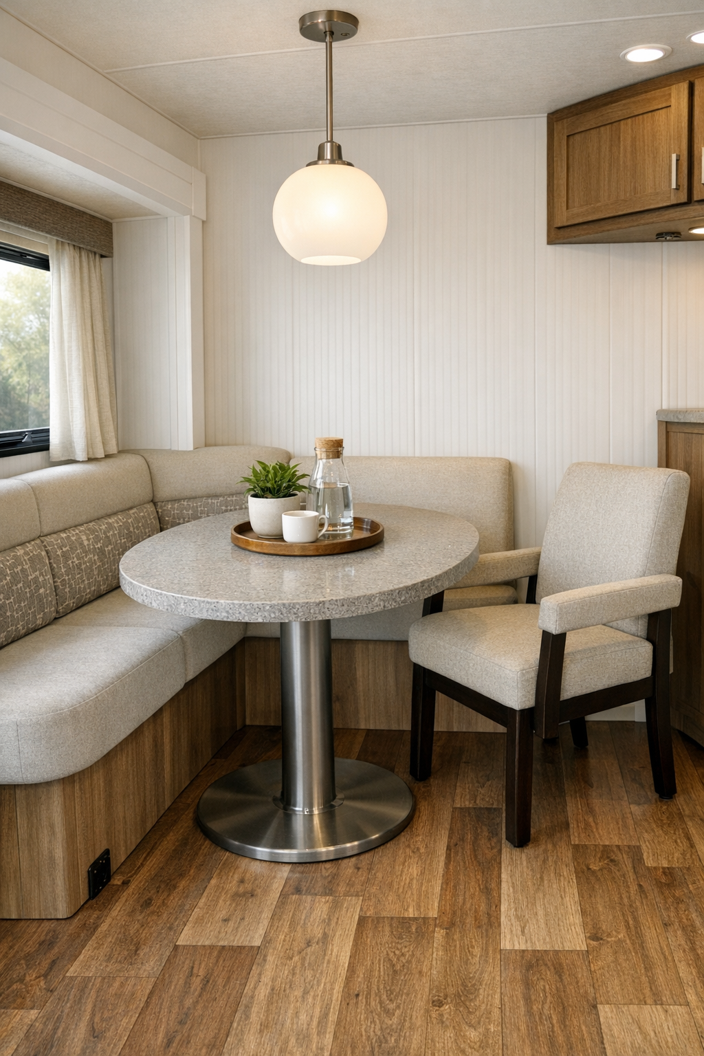 RV dining nook with rounded pedestal table, built-in bench, and soft daylight