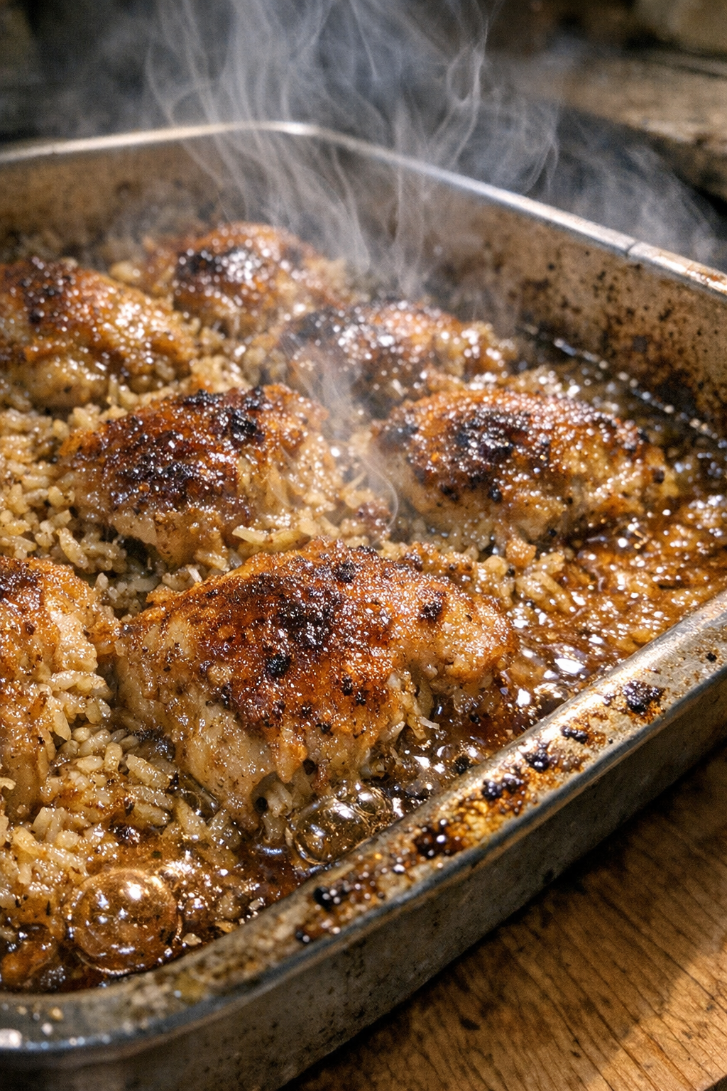 Golden caramelized baked dinner in a metal 9x13 pan