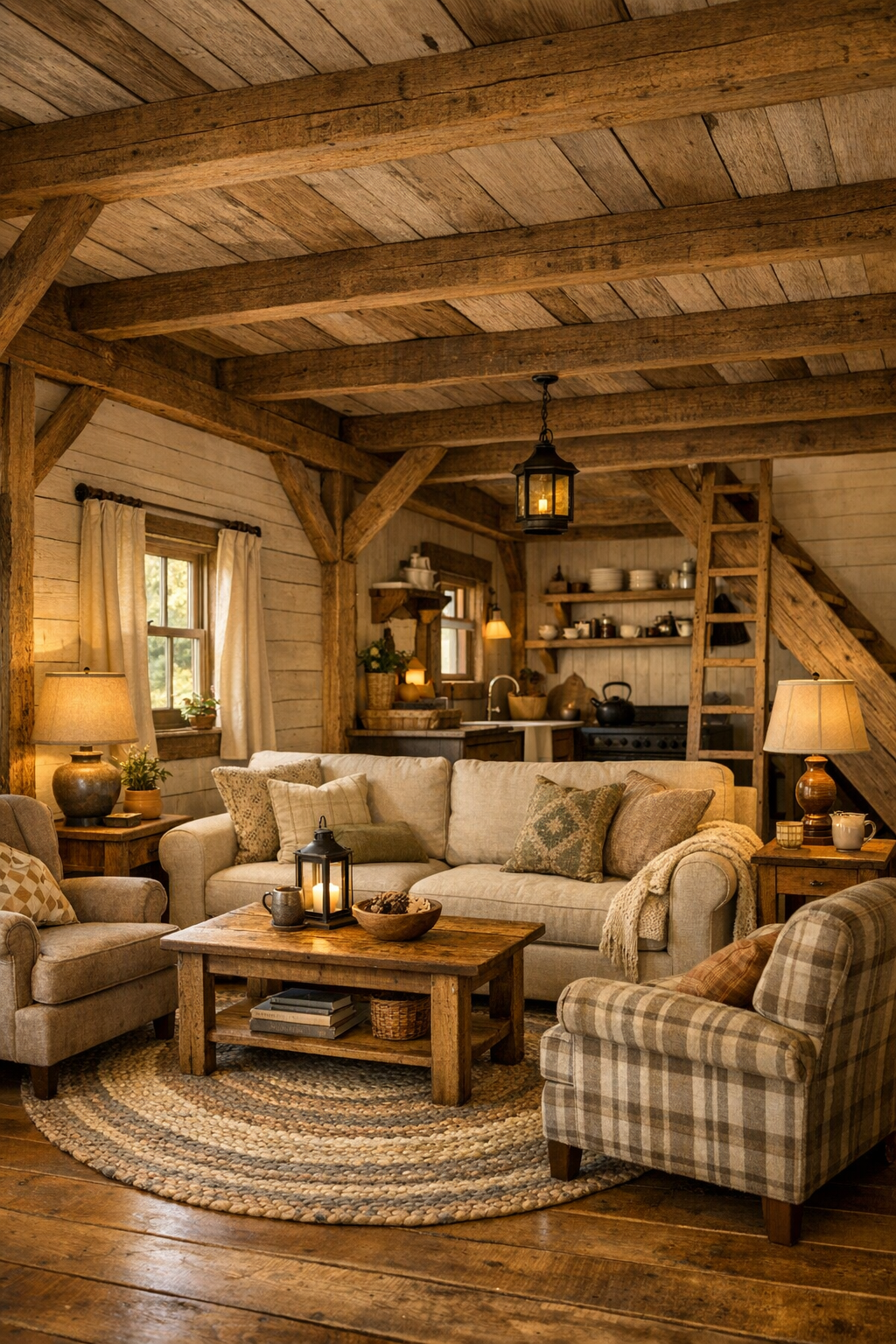 Warm barn-style tiny home living room with exposed beams, linen seating, and soft farmhouse textures