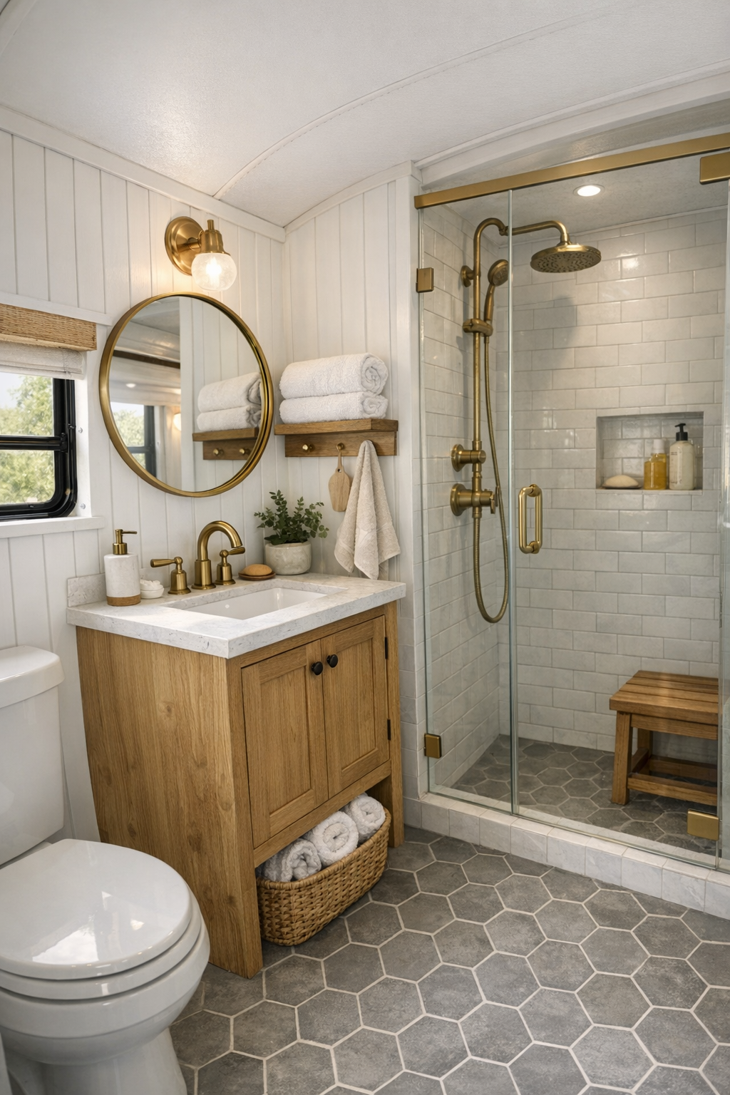 Bright compact bus bathroom with white paneling, small wood vanity, and glass shower