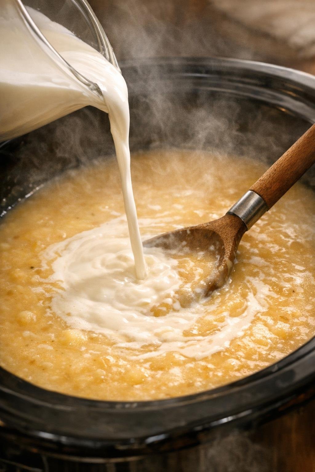 Cream being stirred into smooth potato soup