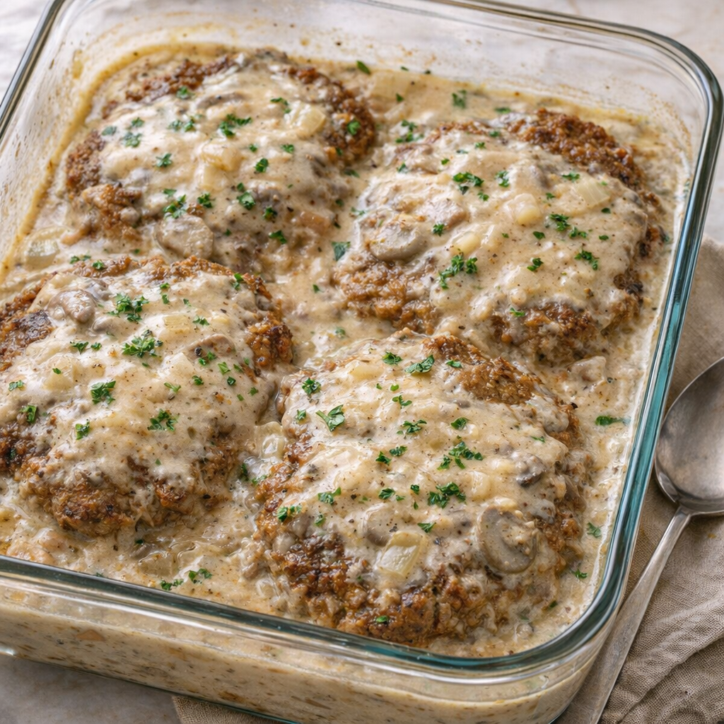 Baked Swiss steak in creamy gravy in a glass casserole dish