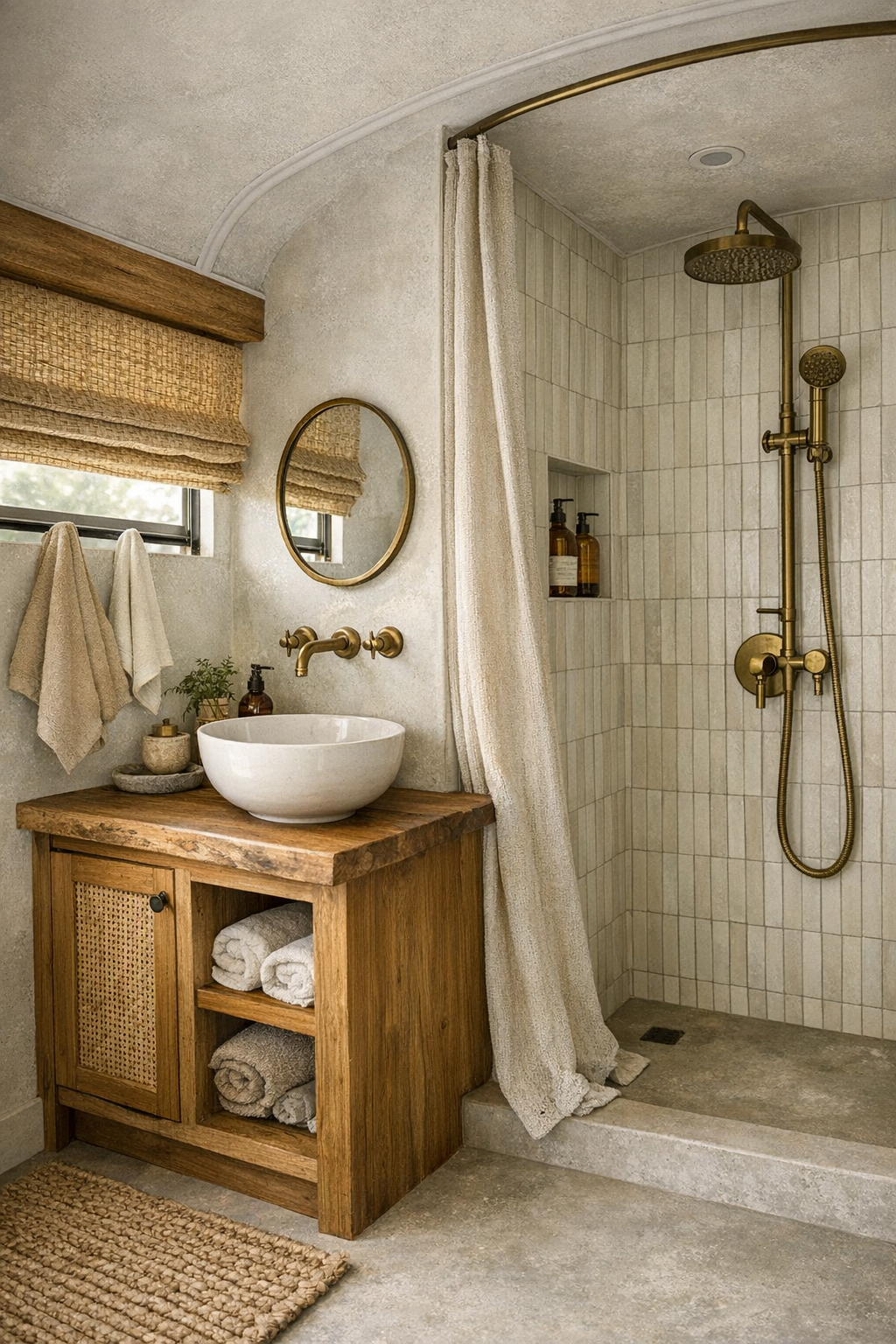 Compact rustic bus bathroom with natural wood vanity and soft tile shower