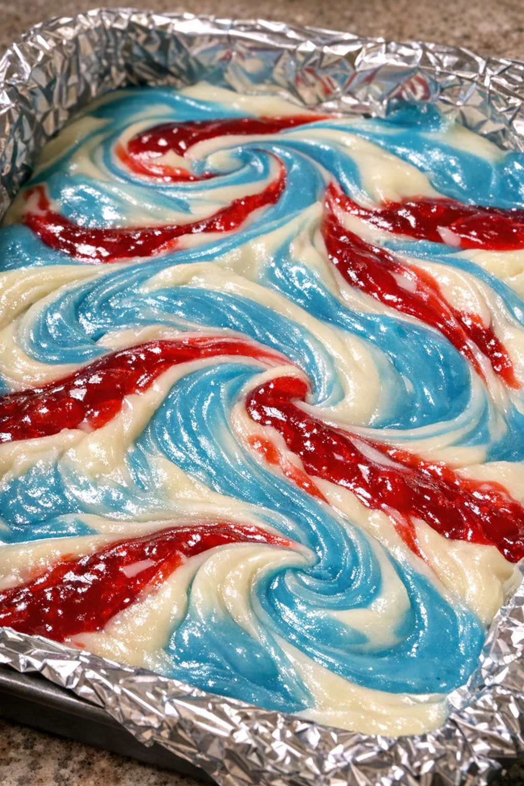 Slow cooker shark bite fudge in a foil-lined baking sheet