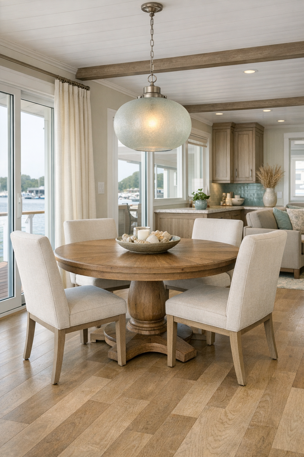 Accessible coastal dining room with round table and soft finishes