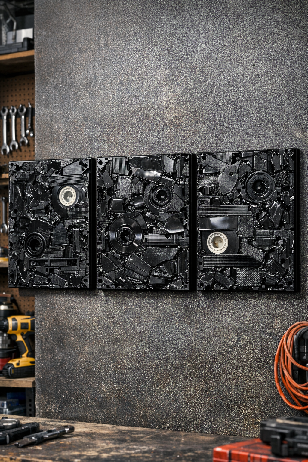 Finished heavy-duty garage wall panels made from melted black VHS tapes
