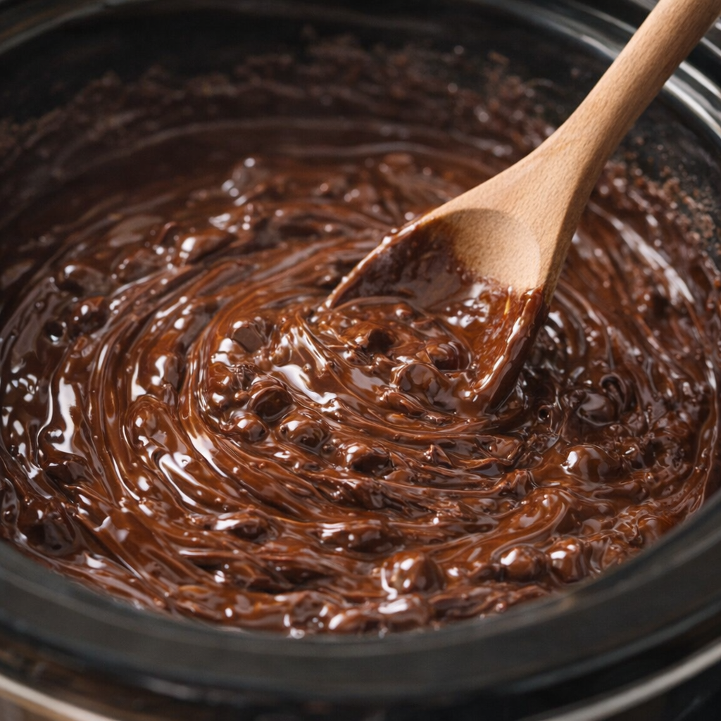 Melted chocolate swirling in a slow cooker