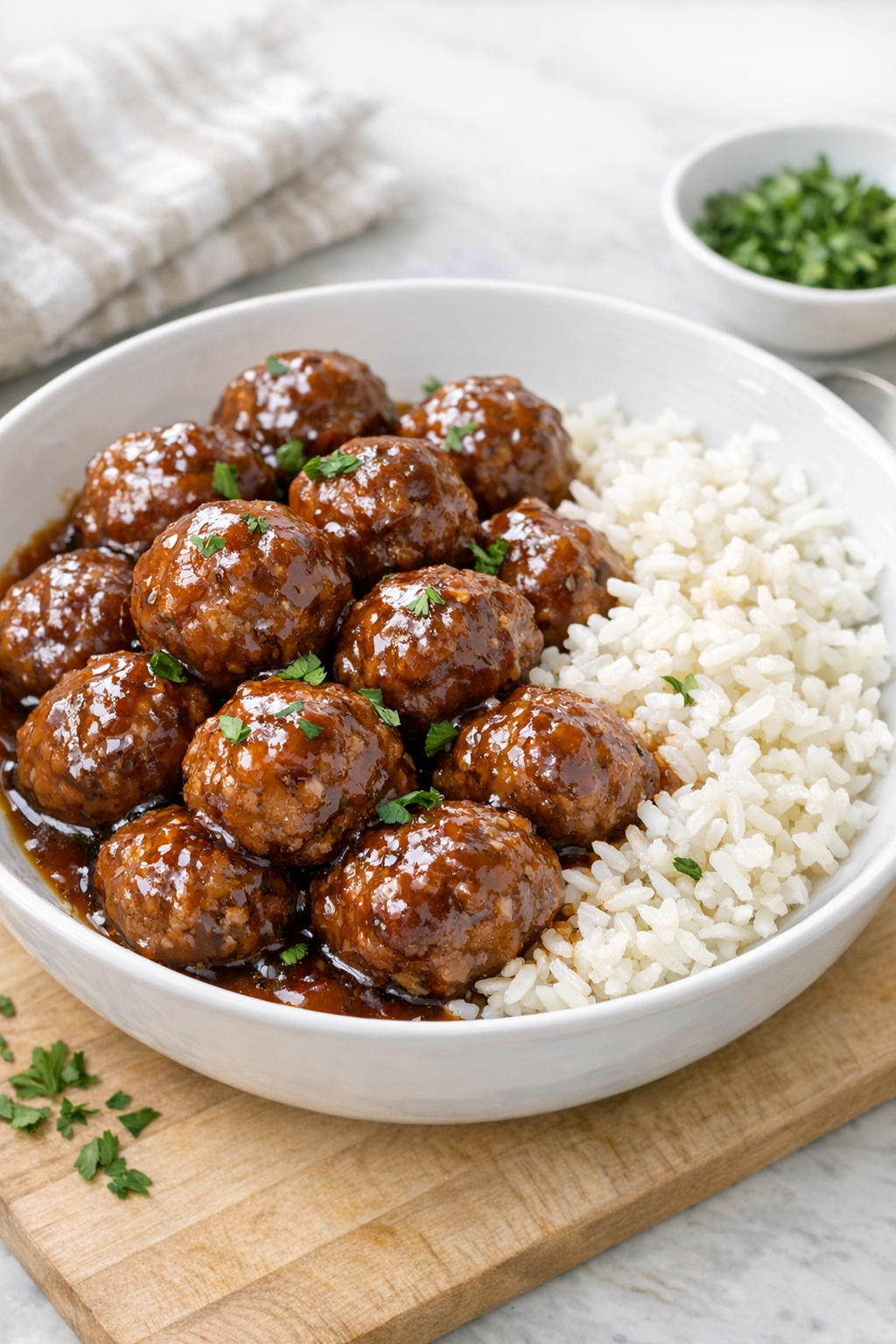 Finished slow cooker pork meatballs in glossy sauce