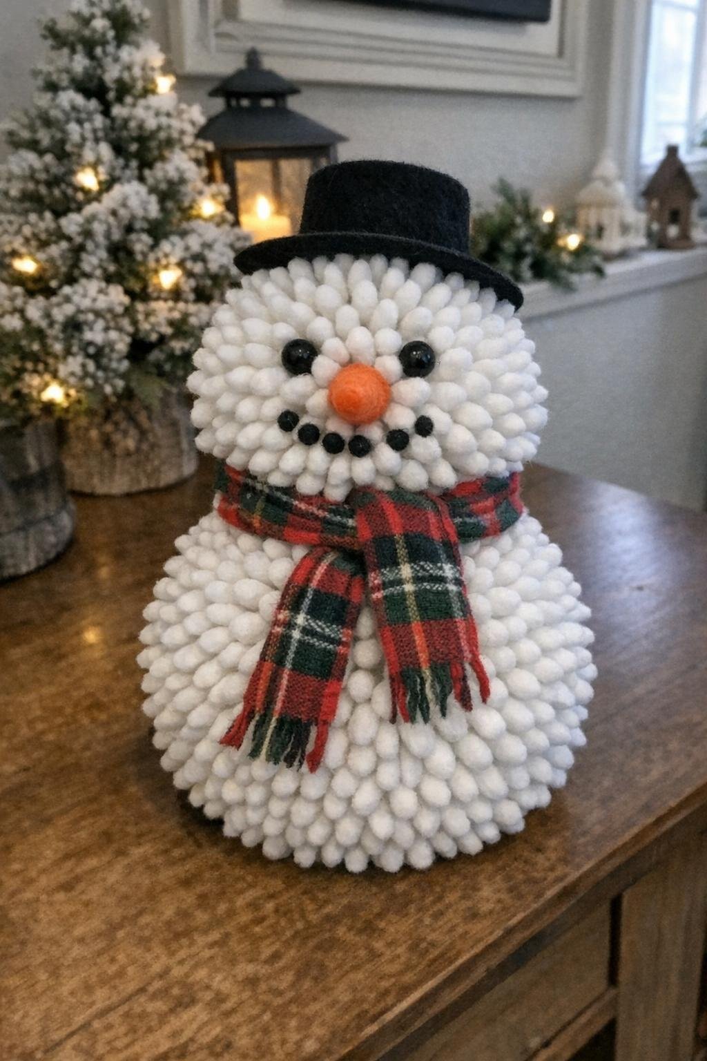 Cotton-swab snowman with scarf and hat