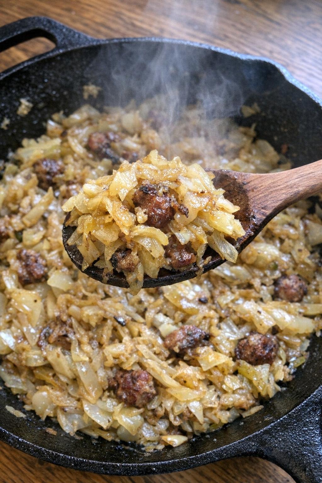 Buttery caramelized cabbage in a cast iron skillet