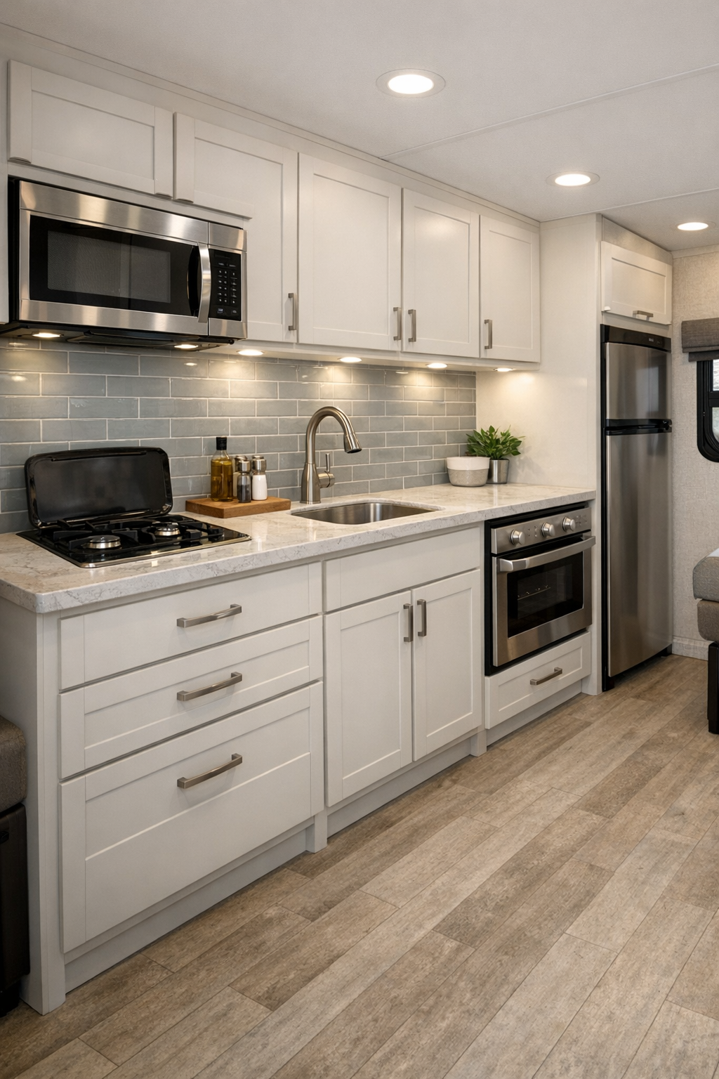 Accessible RV kitchen with creamy white cabinetry, quartz-look counters, and pale blue-gray tile backsplash