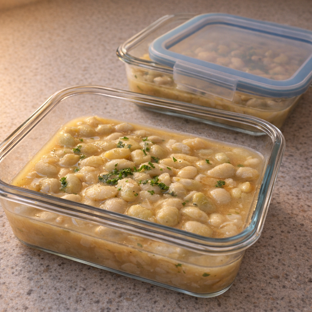 Eye-level shot of leftover lima beans packed in meal prep containers